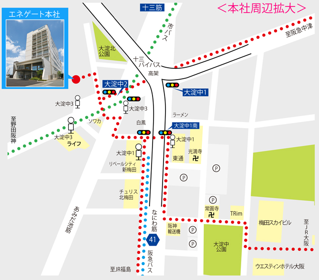 エネゲートの本社周辺拡大地図です。